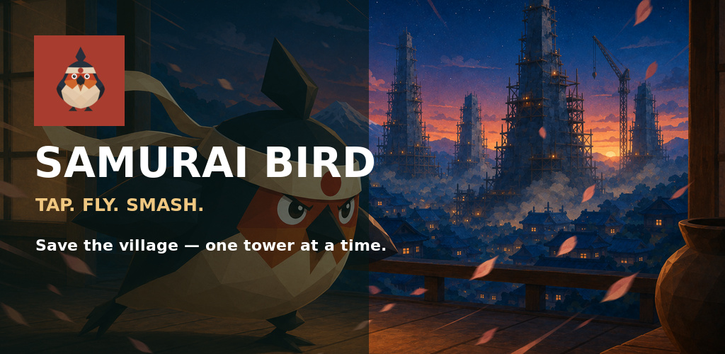 Samurai Bird facing a city of towers at sunset