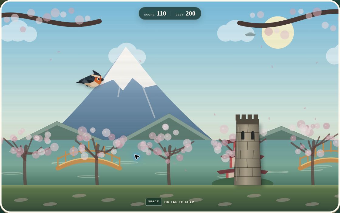 Samurai Bird flying through the Sakura garden in daylight